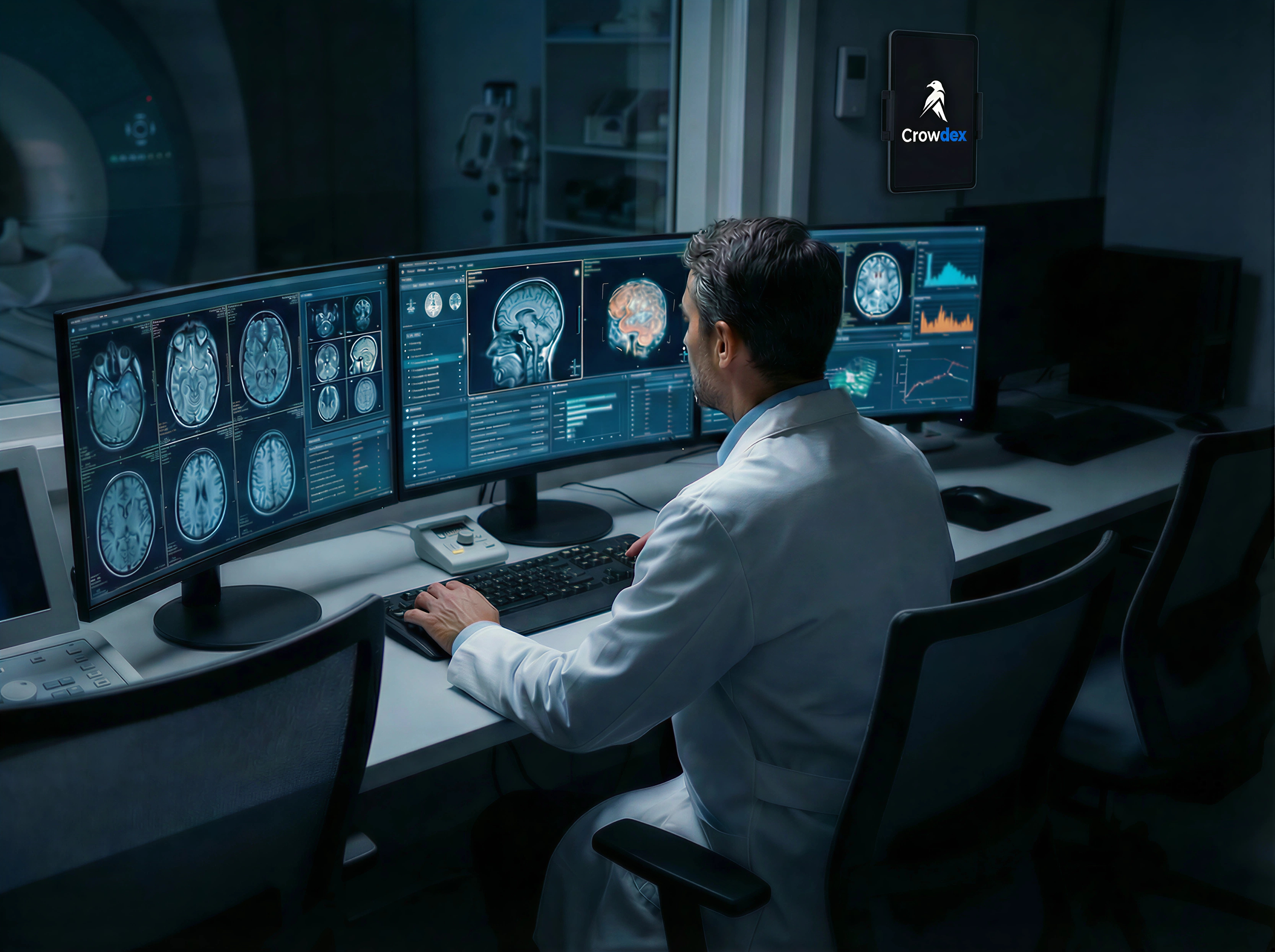 Médico analisando dados em tela de alta resolução