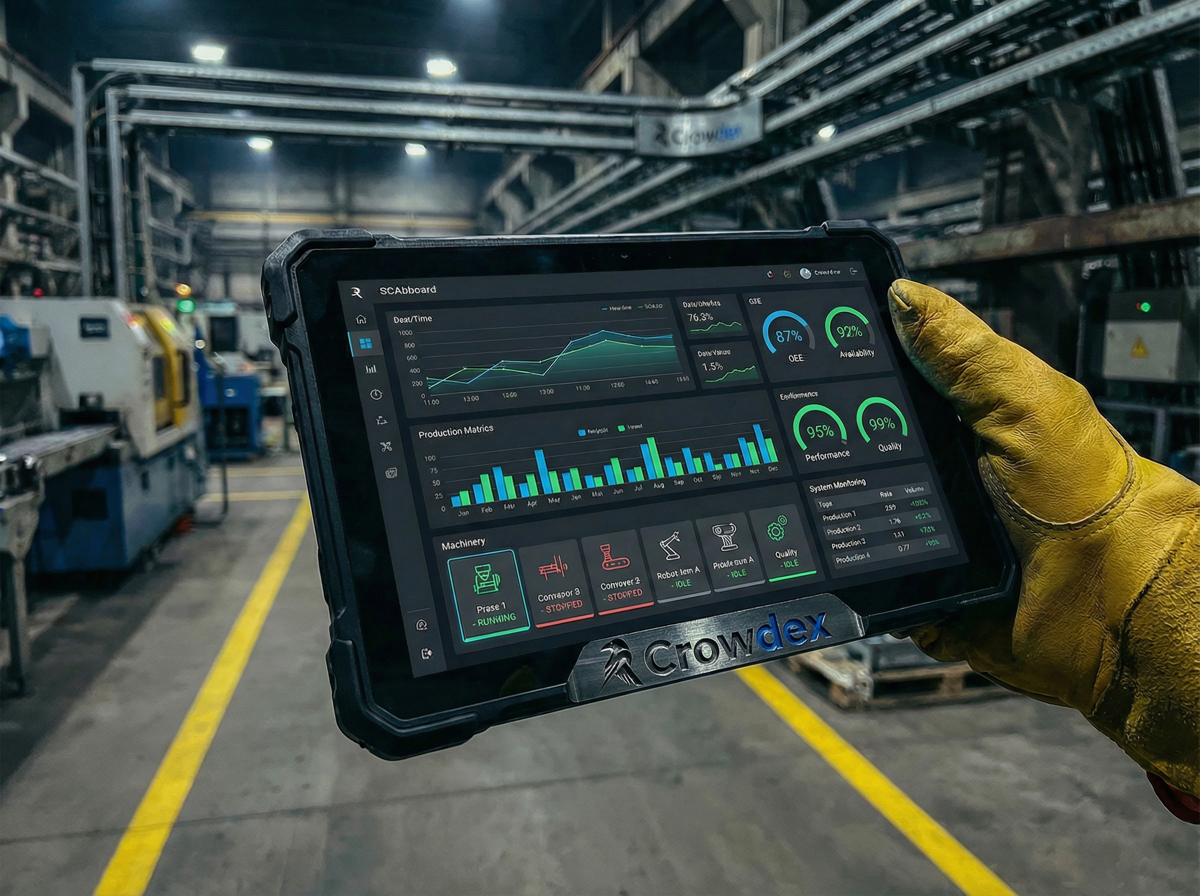 Tablet industrial mostrando gráficos de produção