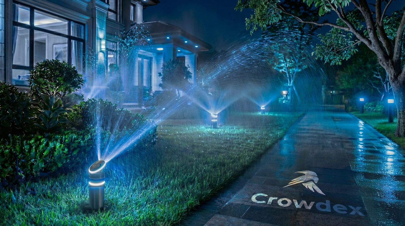 Jardim iluminado com sistema de irrigação